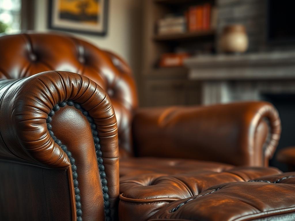 A close-up shot of a Vintage Leather Armchair, emphasizing the rich leather texture and intricate stitching. The chair is positioned in a cozy corner of a living room, with soft lighting that enhances its warmth. The background is slightly blurred, drawing attention to the armchair as a focal point.