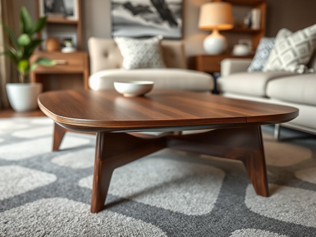 A close-up shot of a Mid-Century Modern Coffee Table, highlighting its sleek design and walnut finish. The table is set in a stylish living room, surrounded by contemporary decor. The background is softly blurred to keep the focus on the coffee table's elegant lines and features.