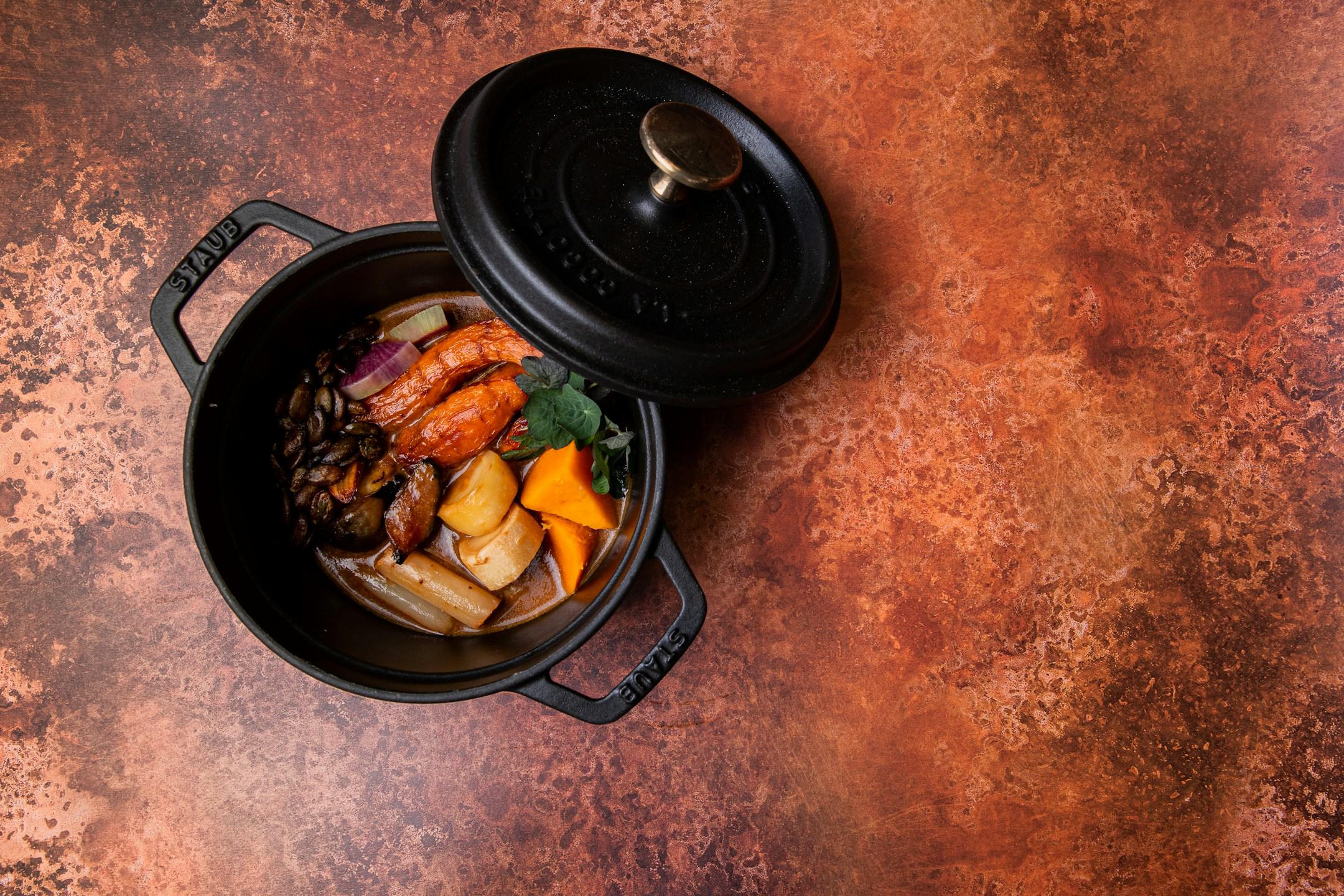 For our pot roast we use exclusively biodynamic vegetables sourced via Shrub, a start- business that source all their ingredients from farms surrounding London. We partnered with them and offered ourselves as a recipient to vegetables that would otherwise not be sold to either restaurants, shops or public. Currently taking knobbly looking root vegetables, imperfect brassicas and overly mature squashes.

The idea of a pot roast reinforces the notion of to the main course and nurtures the concept that our mea