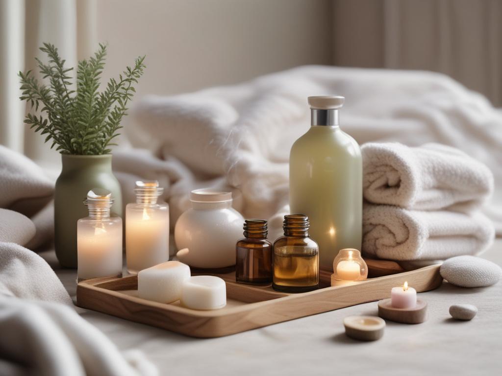 spa day at home, aromatic candles, essential oils, plush bathrobe,