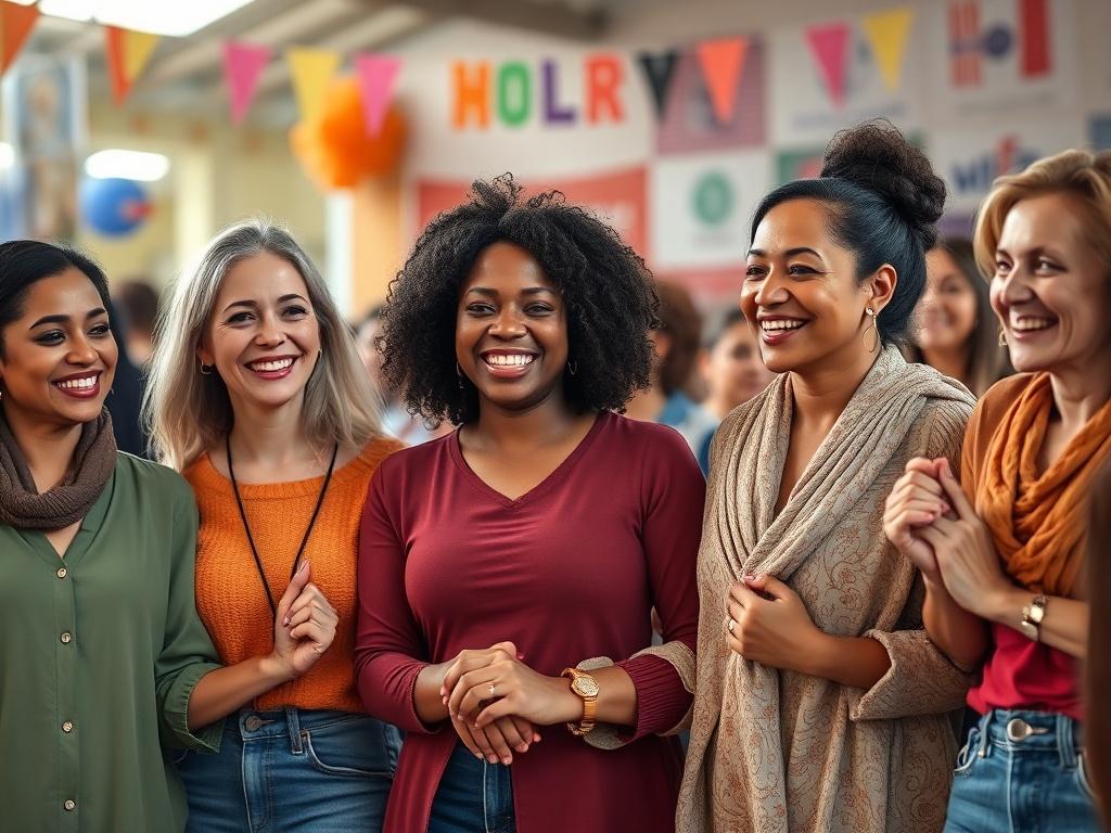 A close-up shot of a diverse group of women standing together, smiling and holding hands in solidarity. The background should depict a community event, with elements like banners and decorations that symbolize support and empowerment. The focus should be on the warmth and connection among the women, captured in a hyper-realistic style, highlighting their expressions and the spirit of community.
