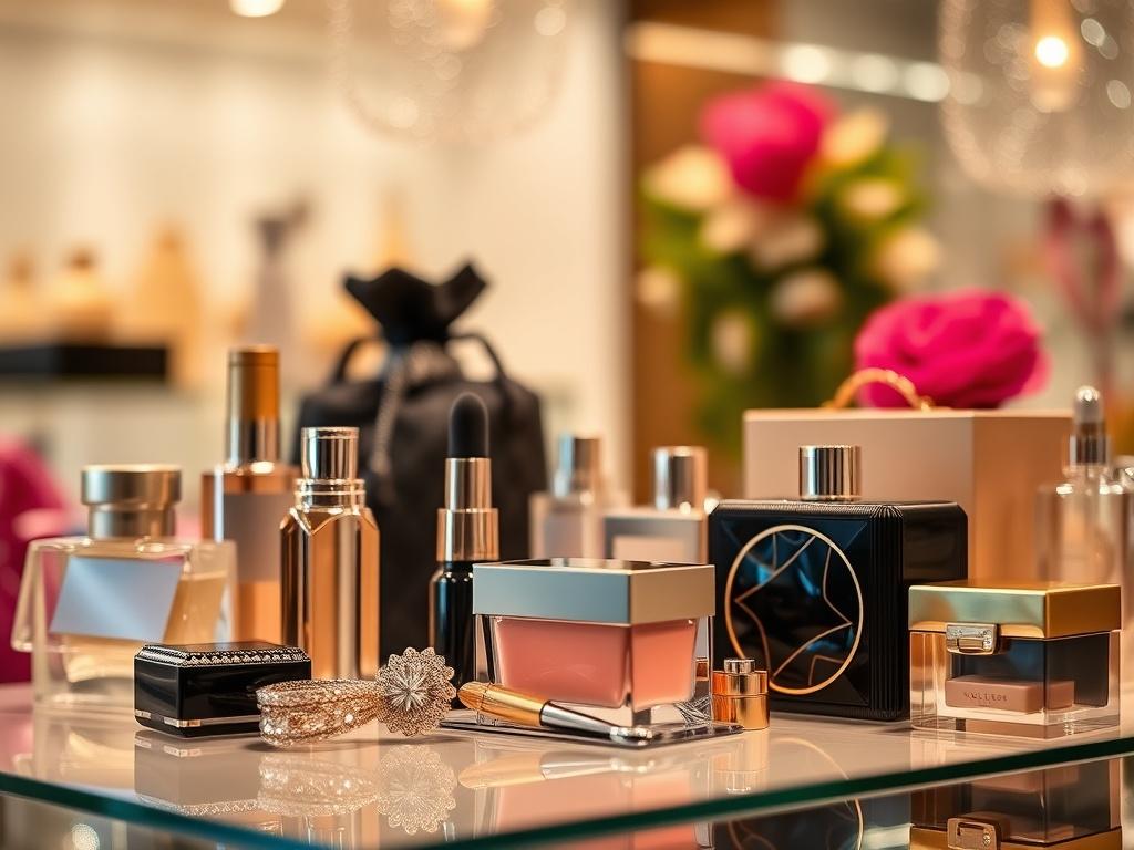 A close-up shot of a beautifully arranged online shopping platform showcasing various glamorous products. The setting features soft, inviting lighting, emphasizing the elegance of the items displayed. The background should be blurred to highlight the products while maintaining a clean and sophisticated aesthetic, captured in a hyper-realistic style with a focus on detail.