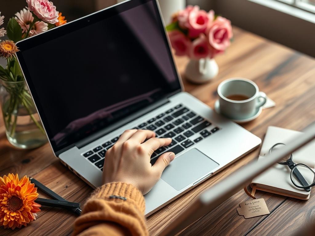 A vibrant close-up of a woman's hands typing on a laptop, surrounded by lifestyle essentials like a coffee cup, flowers, and a notebook. The scene should convey a sense of creativity and inspiration, with warm, inviting colors that reflect the essence of a lifestyle blog. The background should be softly blurred, focusing on the subject and creating an inviting atmosphere, captured in hyper-realistic detail.