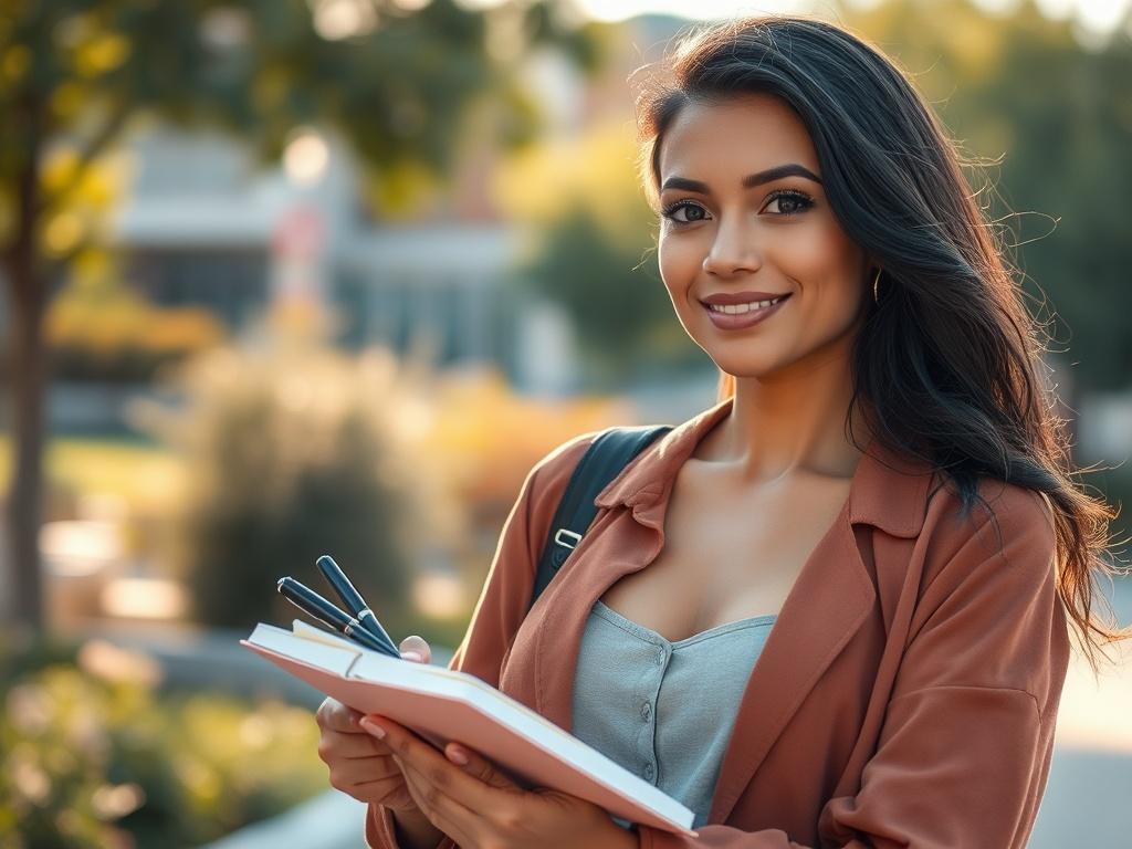 **AI Image Generation Prompt:**

Create a realistic high-resolution close-up photograph that captures the essence of a blog titled "Creating Your Dream Life." The composition should be simple and clear, focusing on a single subject. The subject should be a vibrant, confident woman in a stylish outfit, standing outdoors with a serene expression, reflecting determination and positivity. She should be holding a journal and pen, positioned as if she’s jotting down her aspirations. 

The background should be sof