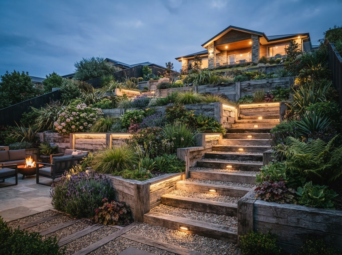 Stepped retaining wall with sleepers and integrated garden lighting at dusk