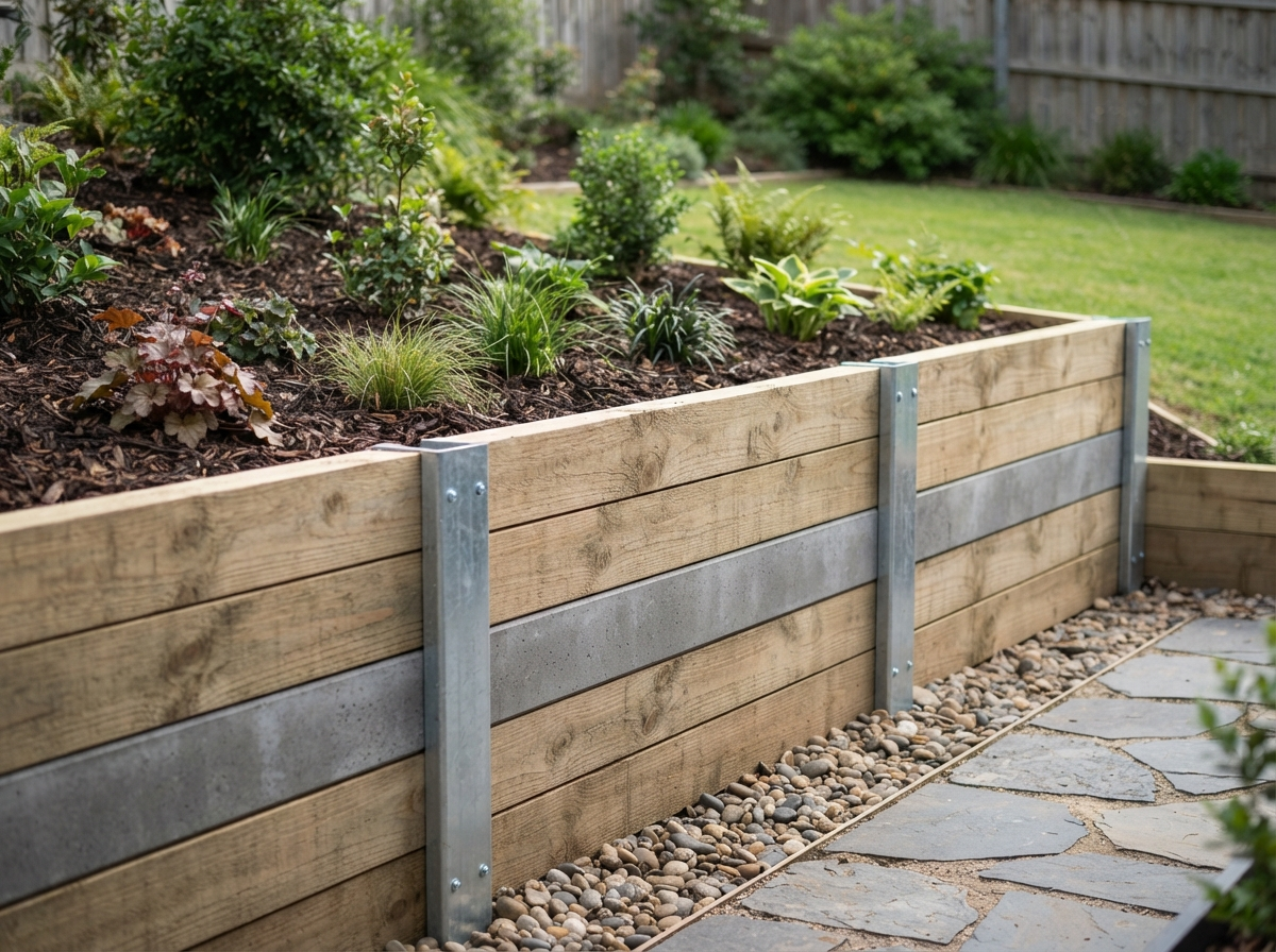 Freshly built timber and concrete sleeper retaining wall with garden bed