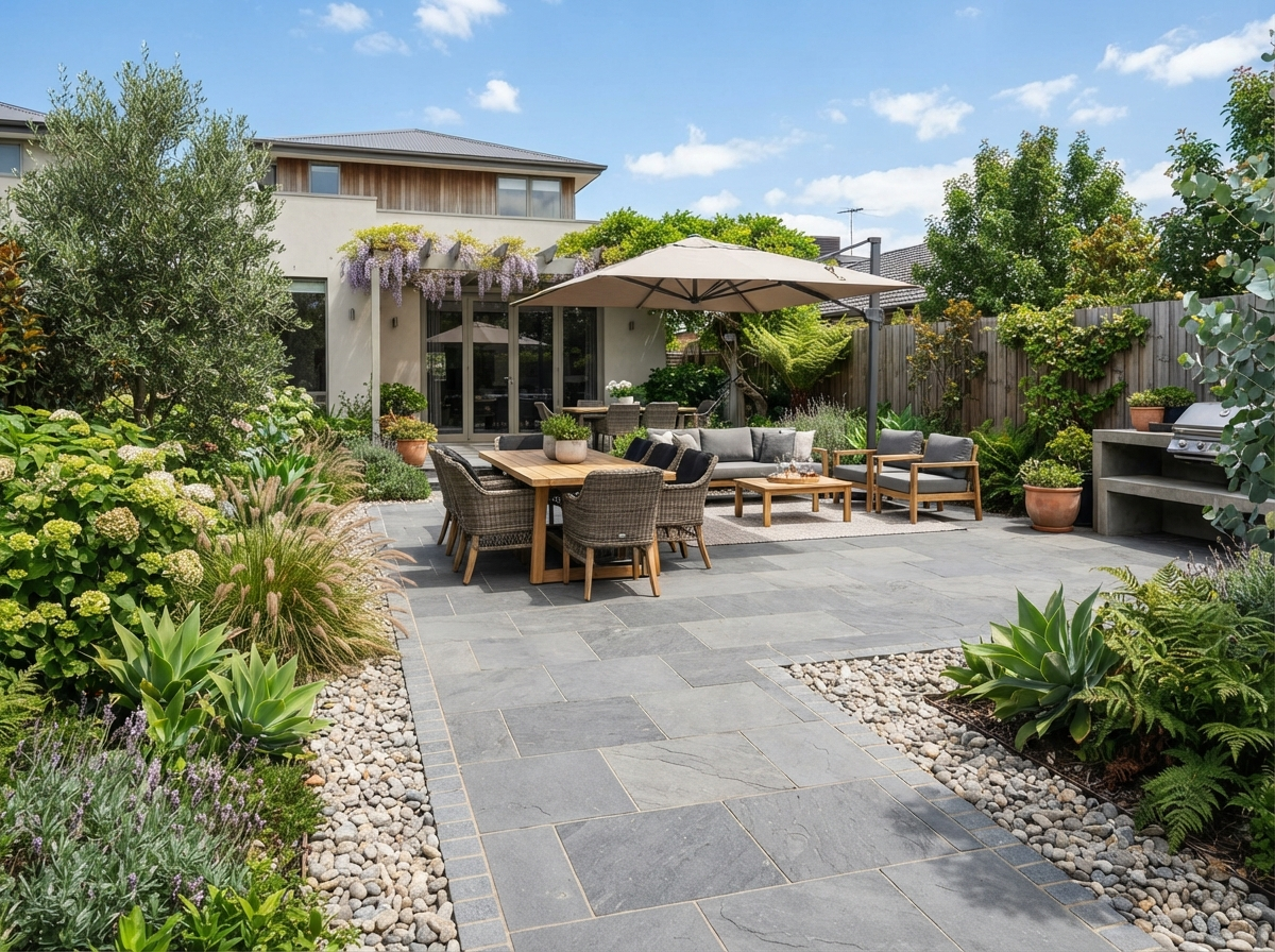 Stylish paved outdoor entertaining area with large format bluestone pavers