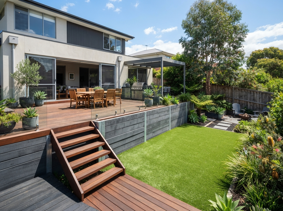 Landscaped backyard with concrete sleeper retaining wall, timber deck landing and turf