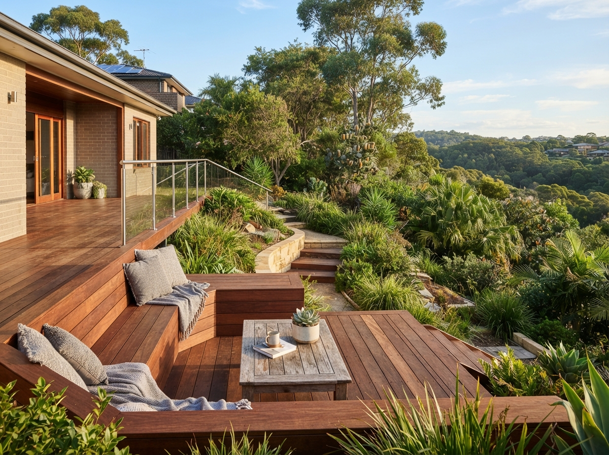 Merbau hardwood deck with built-in bench seating overlooking a green hillside garden
