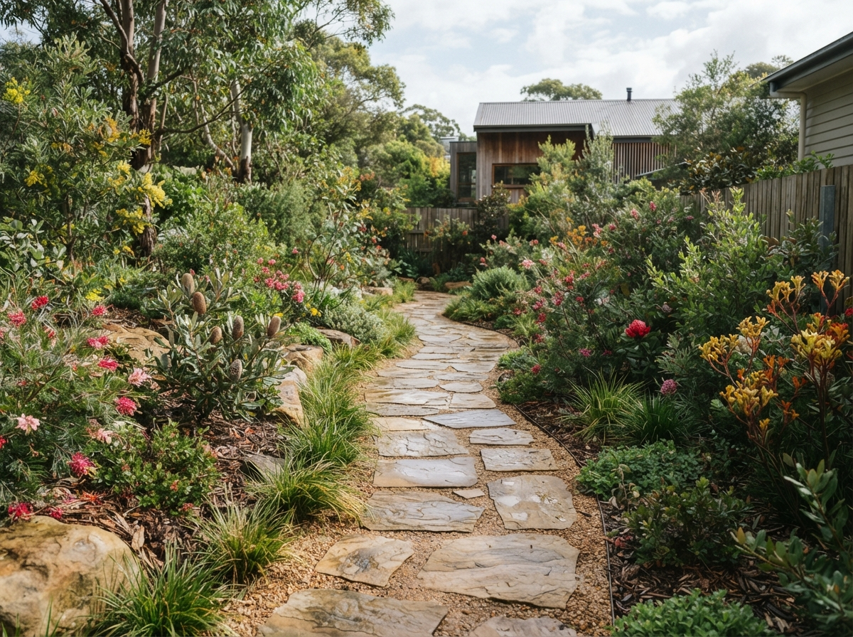 Curved garden pathway paved with natural stone pavers surrounded by native plants