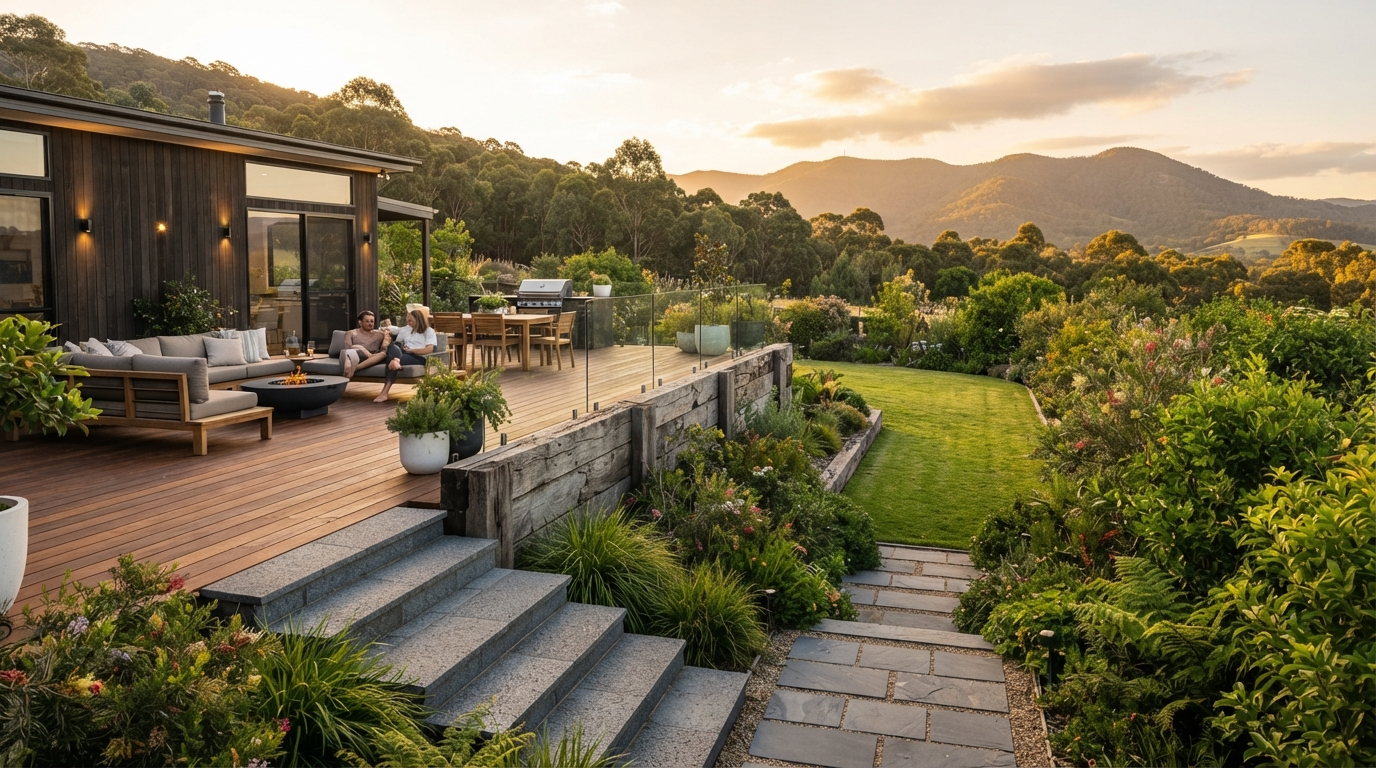 Modern Macedon Ranges backyard with timber retaining wall, hardwood decking and stone paving
