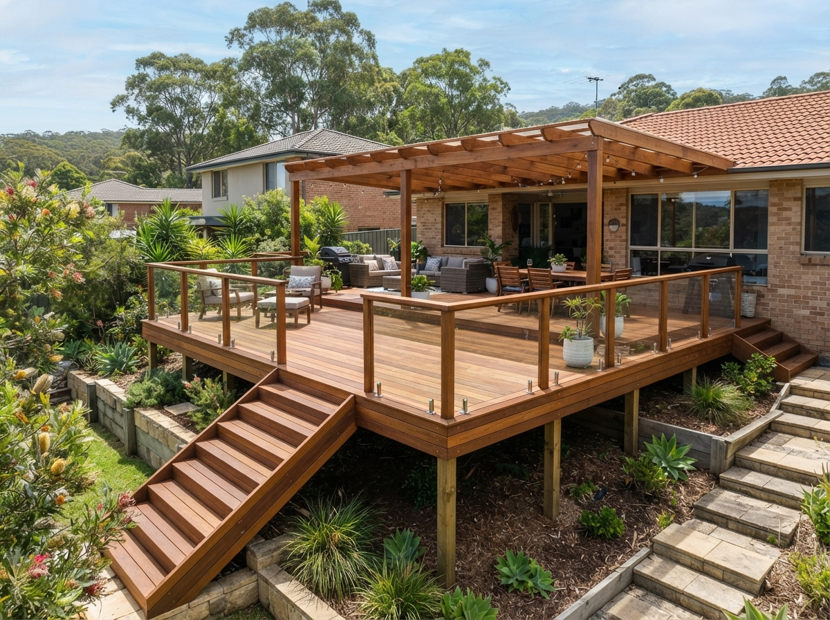 Newly built hardwood timber deck on a sloped residential backyard