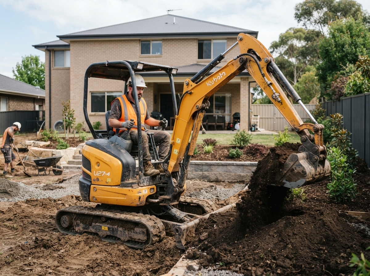 Jason from Levelled Landscaping operating a mini excavator on a residential landscaping site