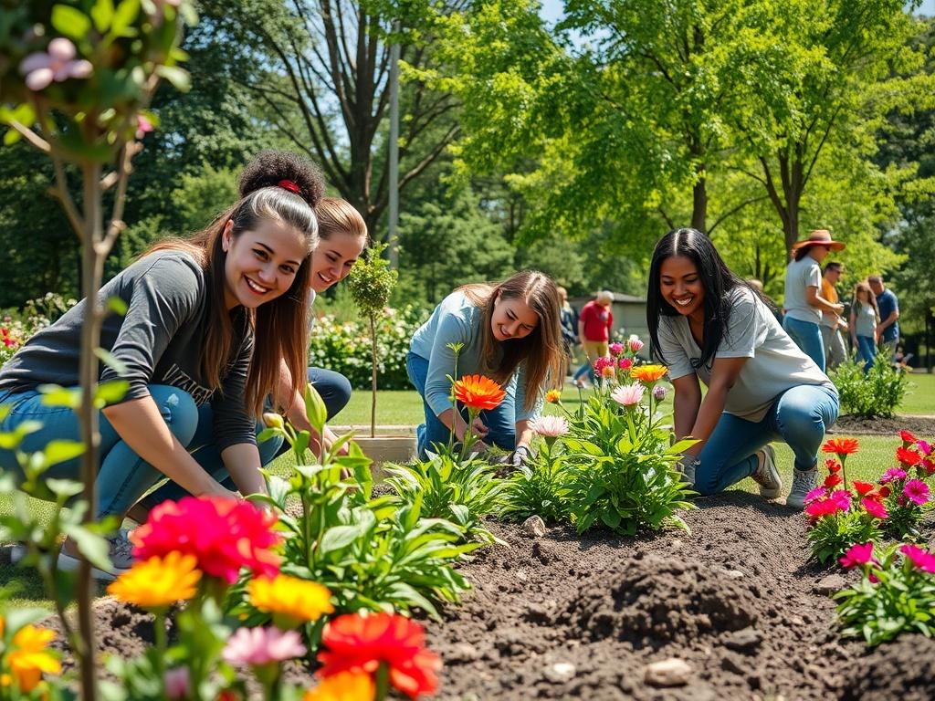 A vibrant community park with volunteers planting flowers and trees, showcasing a diverse group of people working together. The background features lush greenery and colorful flower beds, with a sunny sky above. Focus on the joy and teamwork of the volunteers, emphasizing the beauty of nature and community engagement.