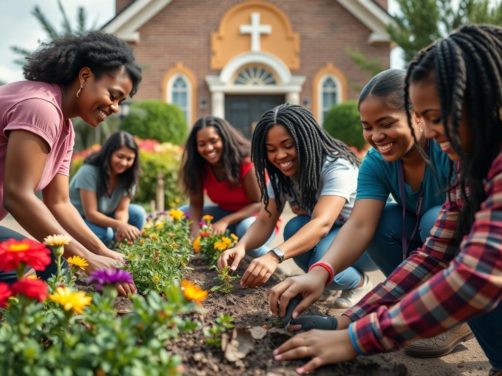 A close-up shot of a diverse group of volunteers planting flowers and shrubs at a community beautification event. The background features a vibrant church with colorful landscaping. The image should capture the joy and teamwork among the volunteers, showcasing the spirit of community partnership and support. The composition should be bright and inviting, reflecting a sense of hope and collaboration.
