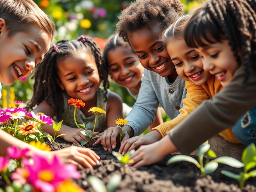 A close-up shot of a diverse group of children planting flowers in a community garden. The children are smiling and working together, showcasing teamwork and joy. The background features vibrant flowers and greenery, creating a lively and hopeful atmosphere. The lighting is bright and cheerful, emphasizing the positive impact of community involvement. The image should focus on the children's expressions and their hands in the soil, capturing the essence of nurturing and growth.