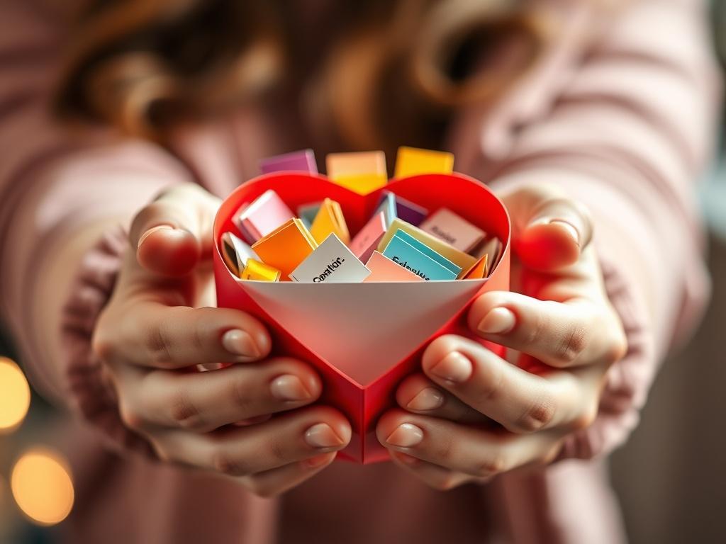 A close-up shot of hands holding a heart-shaped donation box filled with colorful donation slips, symbolizing community support. The background is softly blurred to emphasize the box, with warm lighting to create an inviting atmosphere.