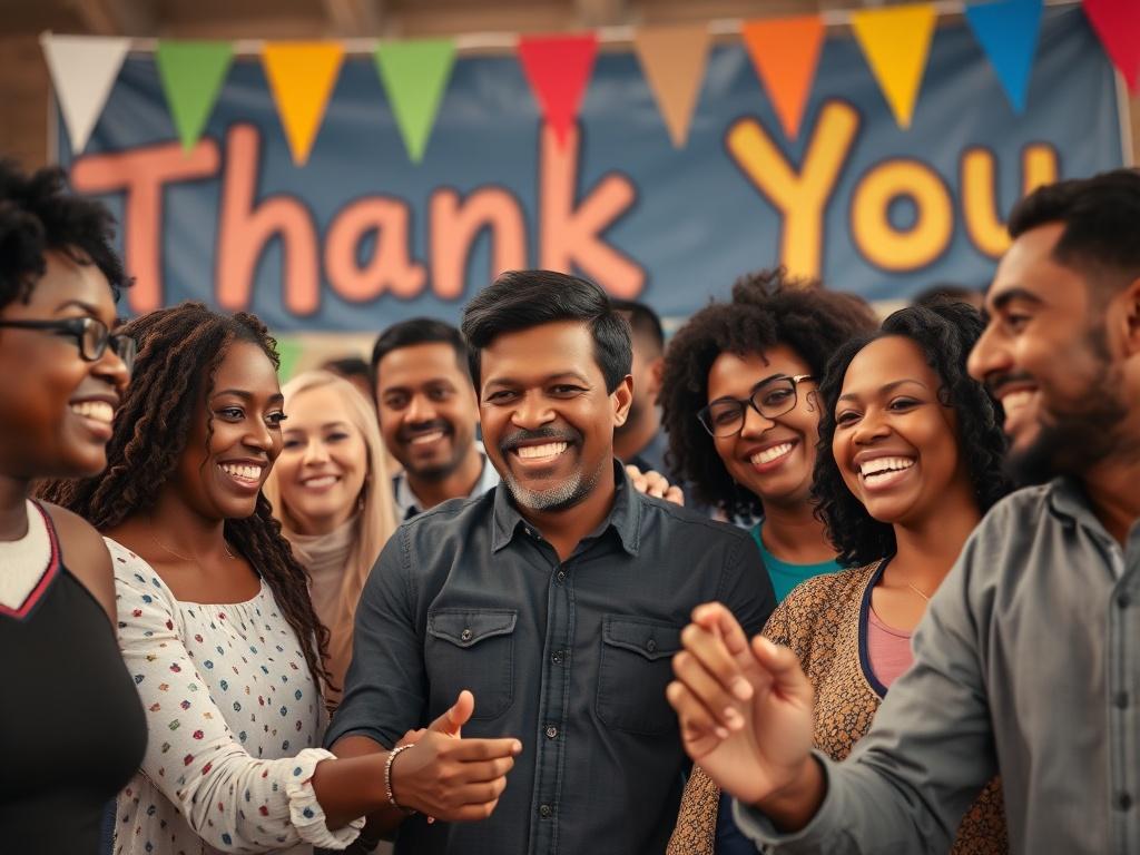 A close-up shot of a diverse group of people smiling and holding hands in a community gathering. The background features colorful banners with the words 'Thank You' in bold letters. The scene captures a warm, inviting atmosphere, showcasing a sense of unity and gratitude among community members. The image should be sharp, focused, and rendered in hyper-realistic detail, using a 45mm f/1.2 lens style.