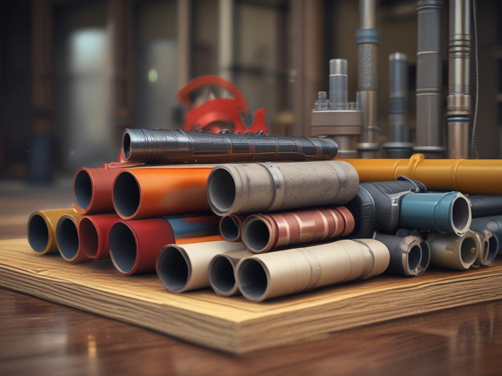 A close-up shot of various building construction materials and tools, including pipes, HVAC equipment, and structural elements, arranged neatly on a wooden pallet. The background should be a soft-focus construction site with a hint of machinery to emphasize the construction theme. The image should be rendered in hyper-realistic style, showcasing the quality and details of the materials.