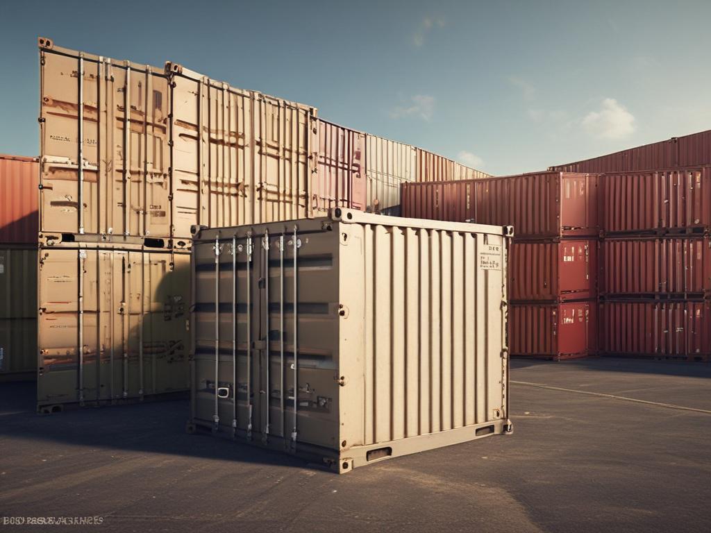 A close-up shot of a well-organized shipping container filled with neatly palletized goods, showcasing the meticulous packaging process, with a focus on vibrant green accents, against a clean and simple warehouse background.