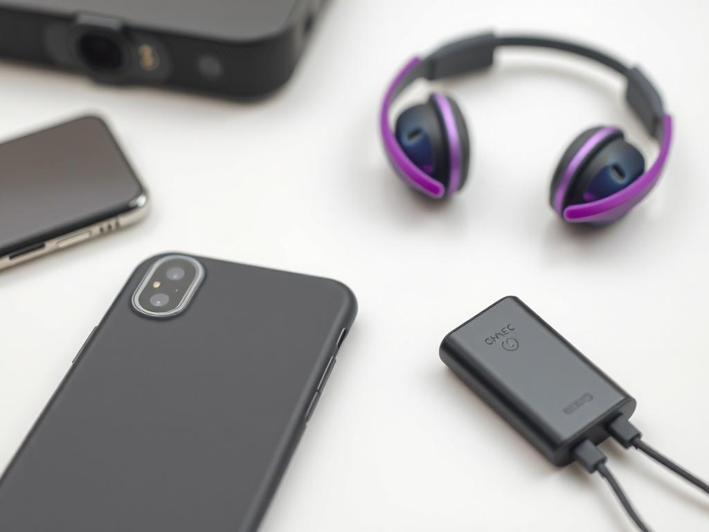 A hyper realistic close up shot of various tech accessories,