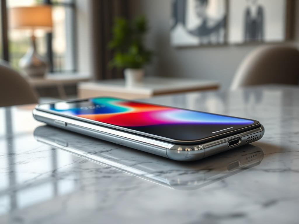 A hyper-realistic close-up shot of the latest smartphone resting on a marble surface. The screen displays a colorful app interface. The phone has a premium design with a glass back and metallic edges. Soft, diffused lighting enhances its features, with a blurred background of a stylish modern room.