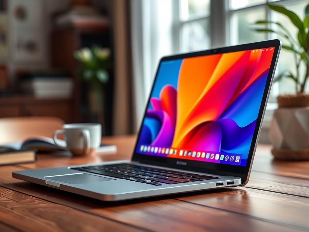 A hyper-realistic close-up shot of a refurbished laptop on a wooden desk. The screen is slightly open, displaying a vibrant desktop background. The laptop has a sleek design with a modern finish. Soft natural light highlights its features, and a blurred background of a cozy workspace adds warmth to the image.