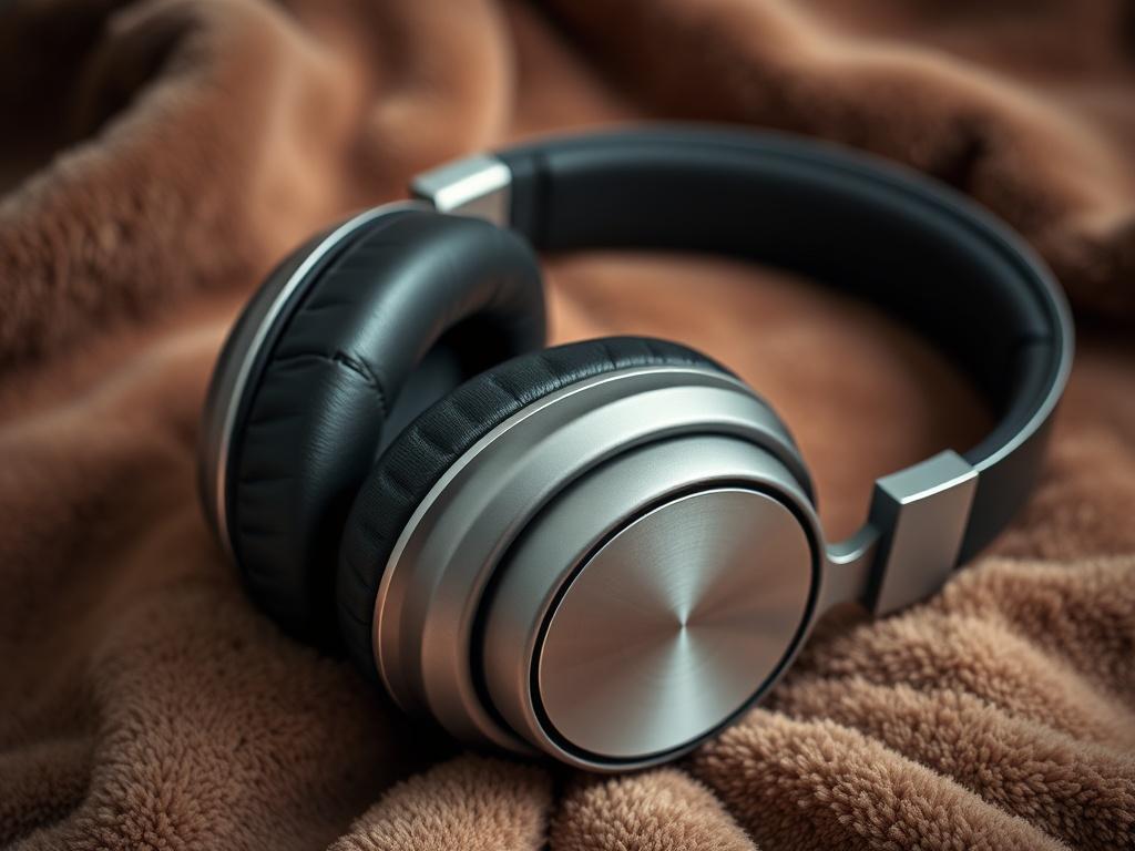 A hyper-realistic close-up shot of high-quality headphones on a plush fabric background. The headphones are displayed with the ear cushions facing up, showcasing their soft texture. The image is well-lit, highlighting the sleek design and premium materials, with a soft-focus background that enhances the product.