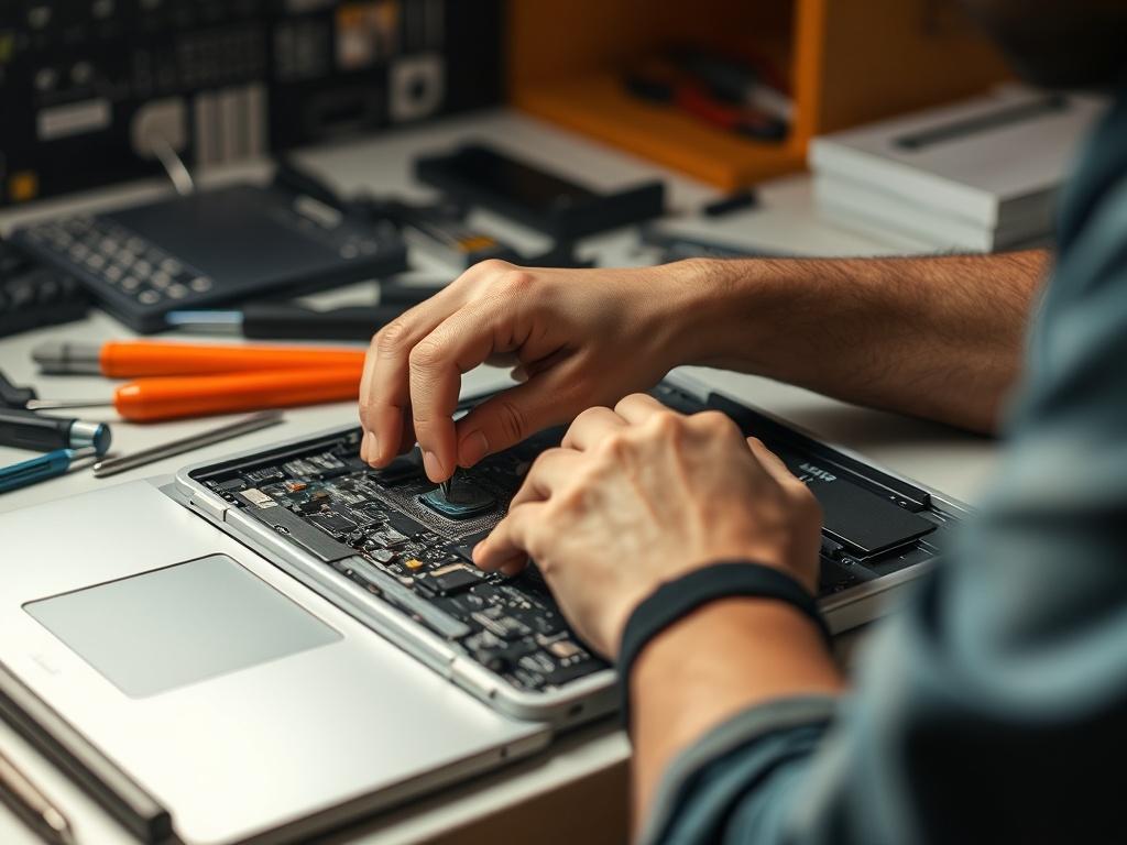 A close-up shot of a technician working on a laptop, showcasing the technician’s hands as they replace a component inside the device. The workspace is tidy, with tools neatly arranged around. The image captures the technician's focus and expertise. The lighting highlights the details of the laptop and repair process. The colors used in the image align with rgb(122, 86, 4).