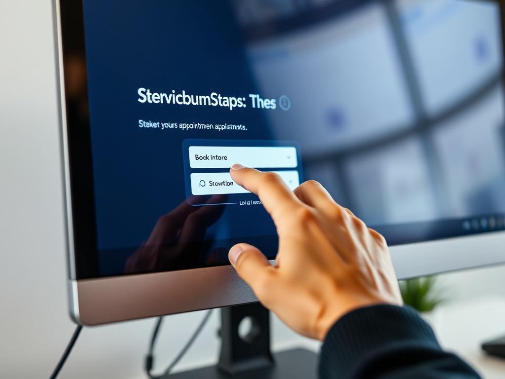 A close-up shot of a computer screen displaying the Logtech Store appointment booking interface. Include a hand interacting with the screen, clicking on a booking option. The background should be minimalist, focusing on the screen and the hand. The lighting should be soft yet clear, emphasizing the technology. The color scheme should align with rgb(122, 86, 4).