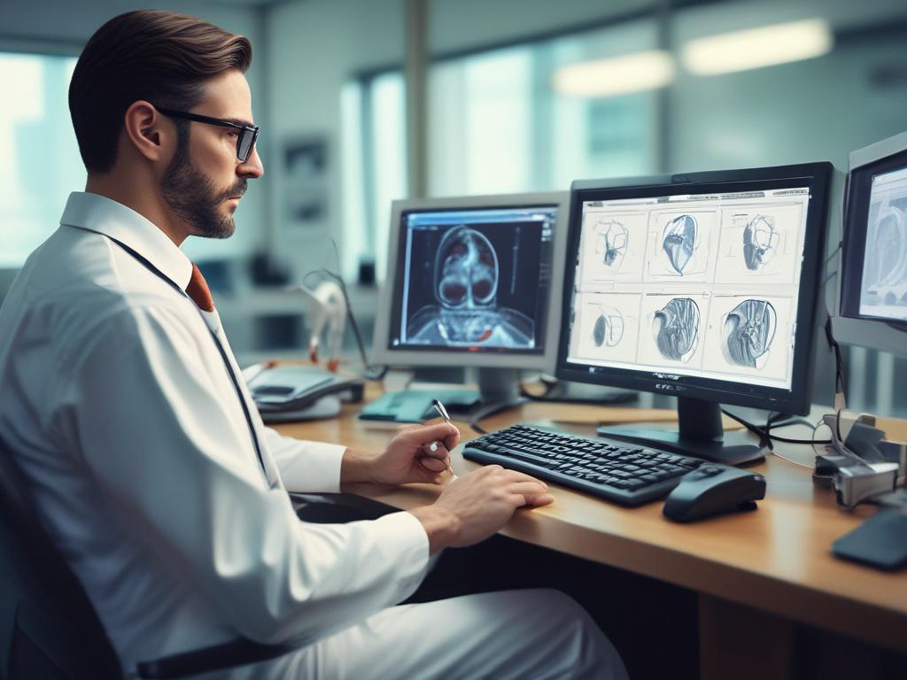 A close-up shot of a cardiology expert analyzing heart scans with a focused expression, surrounded by high-tech medical equipment in a well-lit, modern office setting. The background is blurred to emphasize the subject, creating a hyper-realistic effect, shot with a 45mm f/1.2 lens.