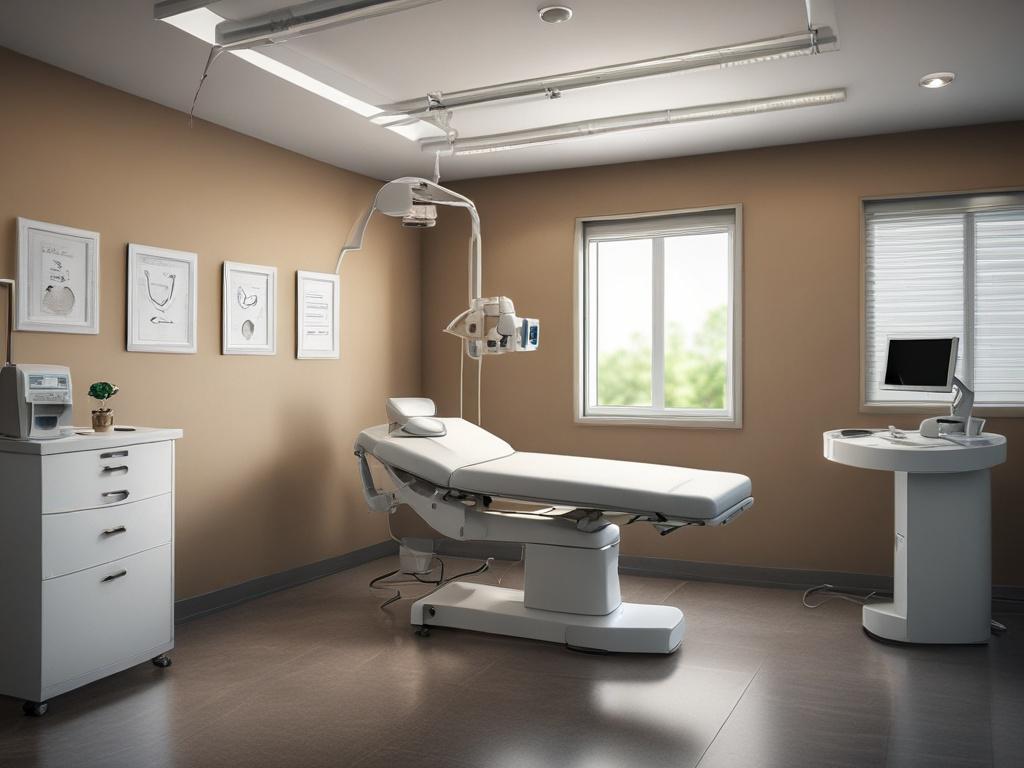 high-resolution image of a cardiology consultation room, featuring advanced medical equipment, warm lighting, and a welcoming atmosphere.