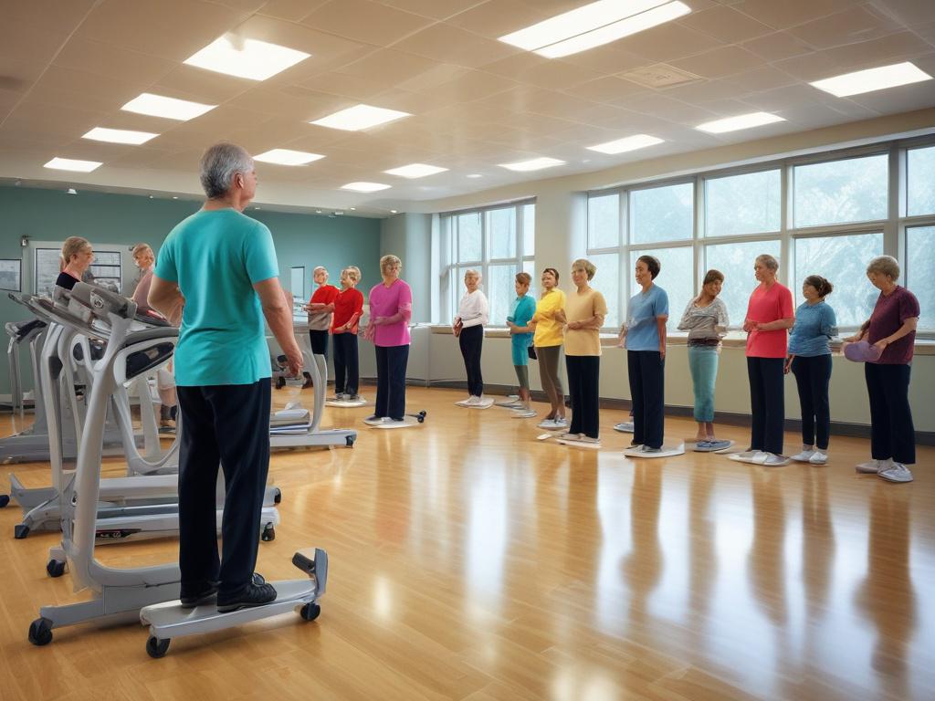 high-resolution image of a cardiac rehabilitation class in session, showcasing patients engaged in exercises with professional guidance.