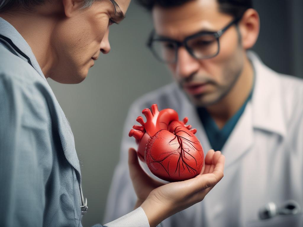 A close-up shot of a cardiologist examining a heart model, showcasing detailed anatomy. The background is softly blurred to emphasize the subject, using realistic lighting to create a professional atmosphere. The cardiologist is wearing a lab coat and has a focused expression, with the heart model prominently displayed in their hands, rendered in high resolution. The color scheme incorporates rich greens to align with the brand's identity.