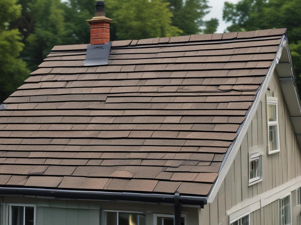 A close-up shot of a beautifully installed roof featuring high-quality shingles with a hyper-realistic finish. The image should capture the texture and color of the shingles, showcasing the craftsmanship involved in the installation. The background should be a clear blue sky, enhancing the contrast and making the roof stand out. The shot should be taken with a 45mm f/1.2 lens to create a soft bokeh effect, emphasizing the roof while softly blurring the background.