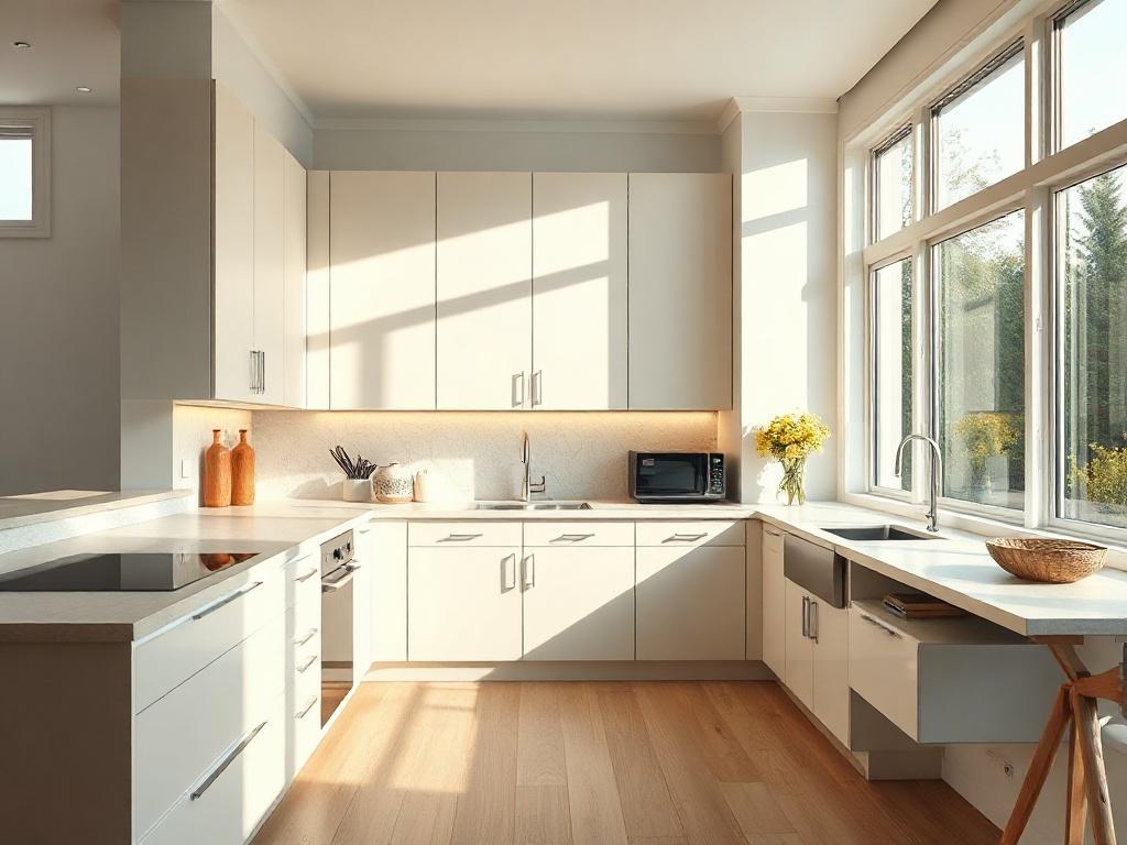 A hyper-realistic close-up shot of a beautifully remodeled modern kitchen in a residence, showcasing sleek cabinetry, high-end appliances, and ample natural light streaming through large windows. The image should focus on the kitchen area, with a simple composition that highlights the elegance of the design. The background should be softly blurred to emphasize the kitchen's details, compatible with the #73716D primary color.