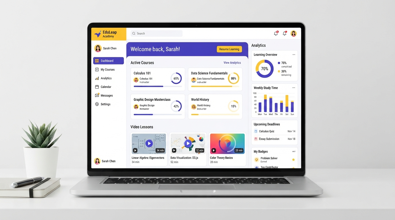 EduSphere LMS Dashboard showing student analytics and course progress