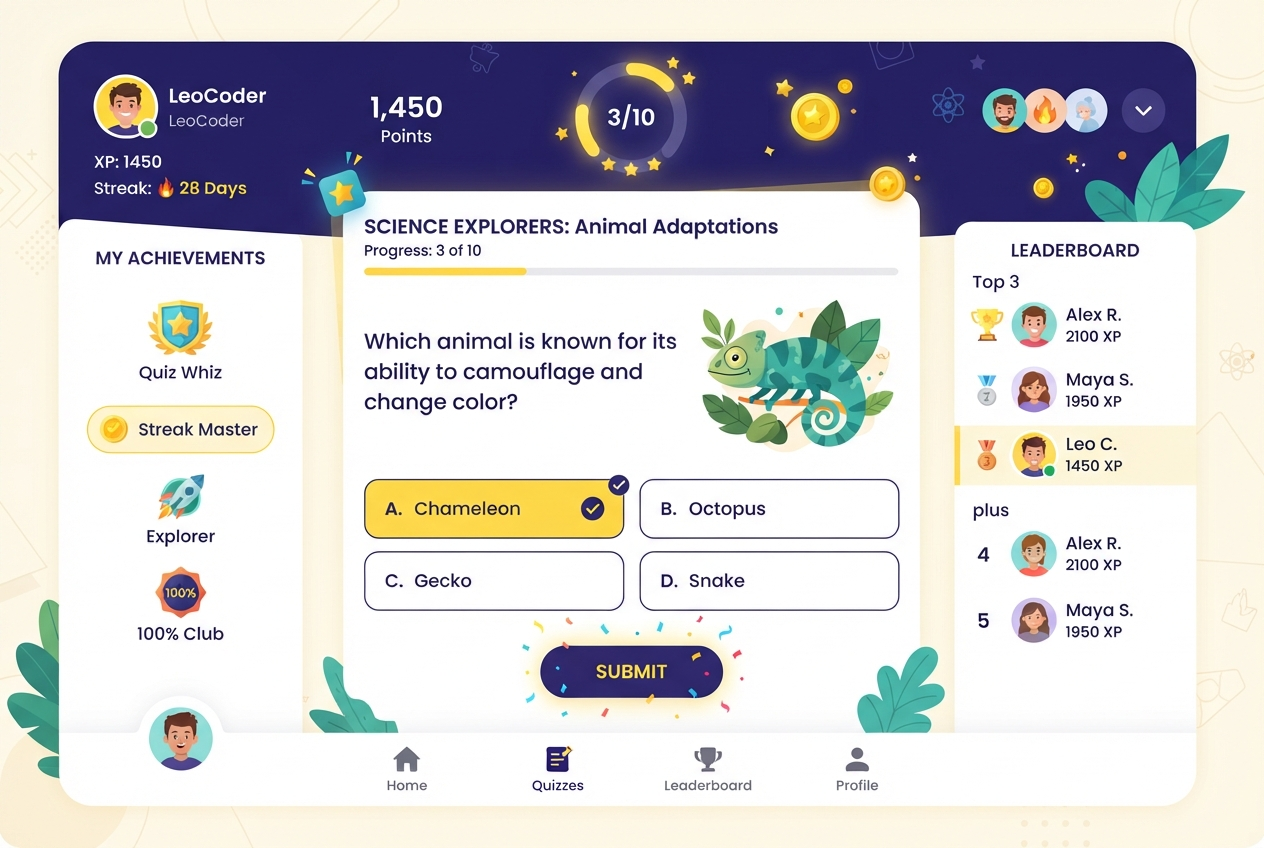 Gamified quiz interface with leaderboards