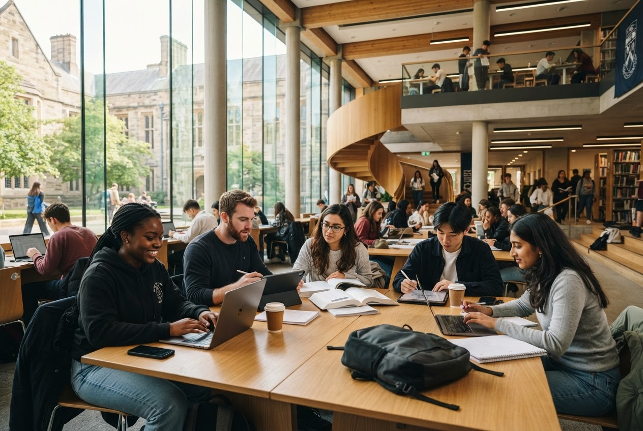 University campus with students using technology