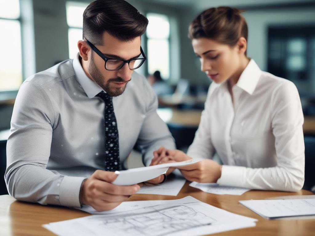 close-up shot of a project manager reviewing plans with a tablet, modern office background, high-resolution, hyper-realistic focus on the subject