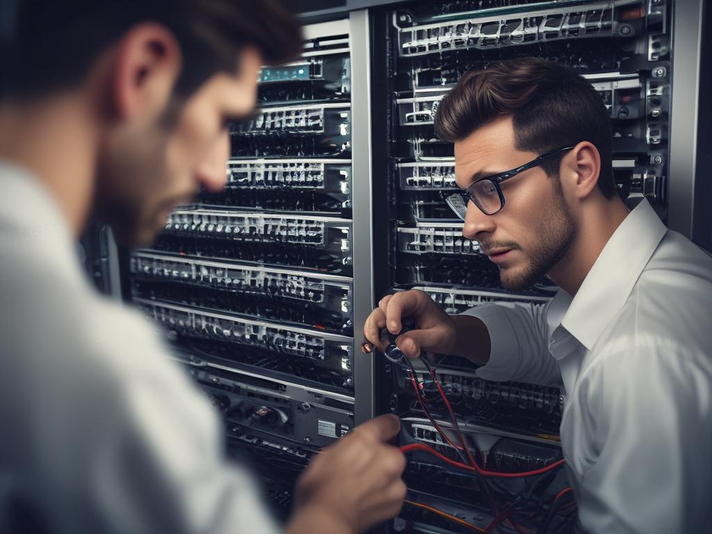 A close-up of a network technician working on a server, with a focus on cables and connections, hyper-realistic style, simple background, shot with a 45mm f/1.2 lens.