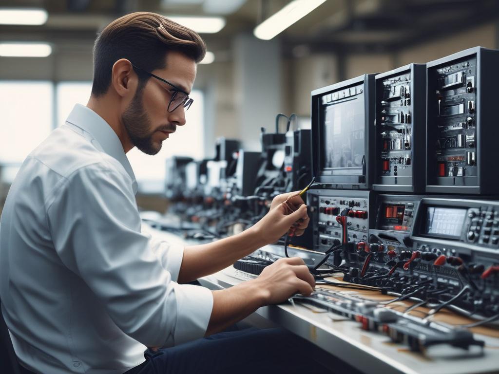 technician installing telecommunication equipment, focused on details, clean and organized