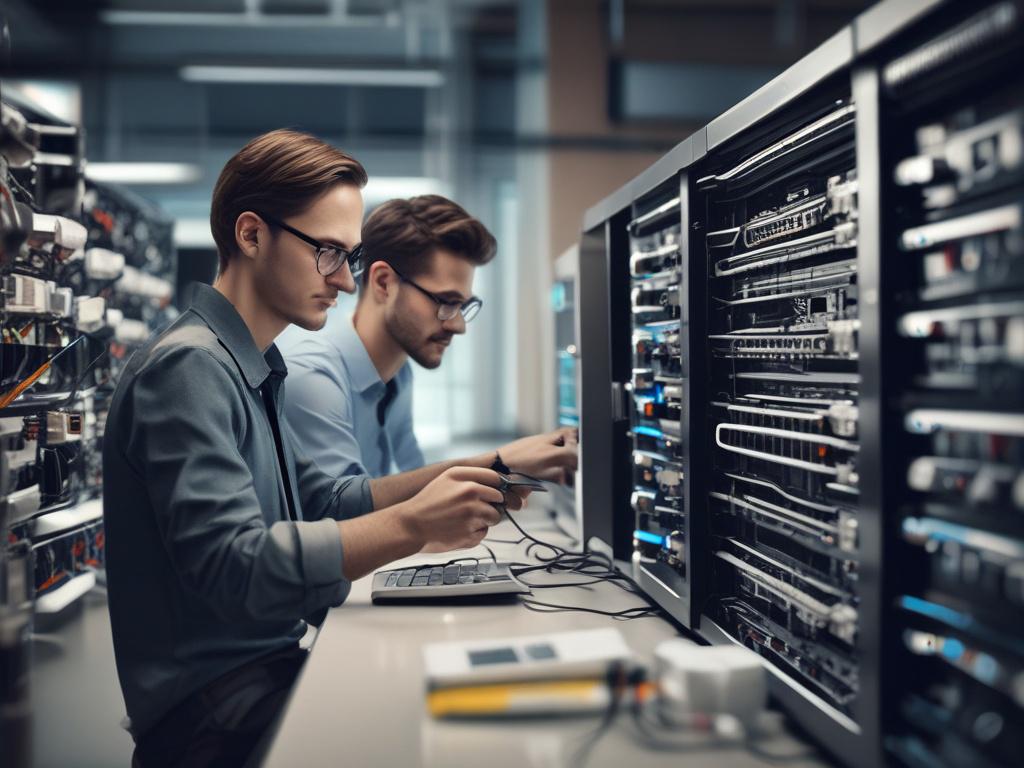 high resolution image of a network engineer configuring routers, modern