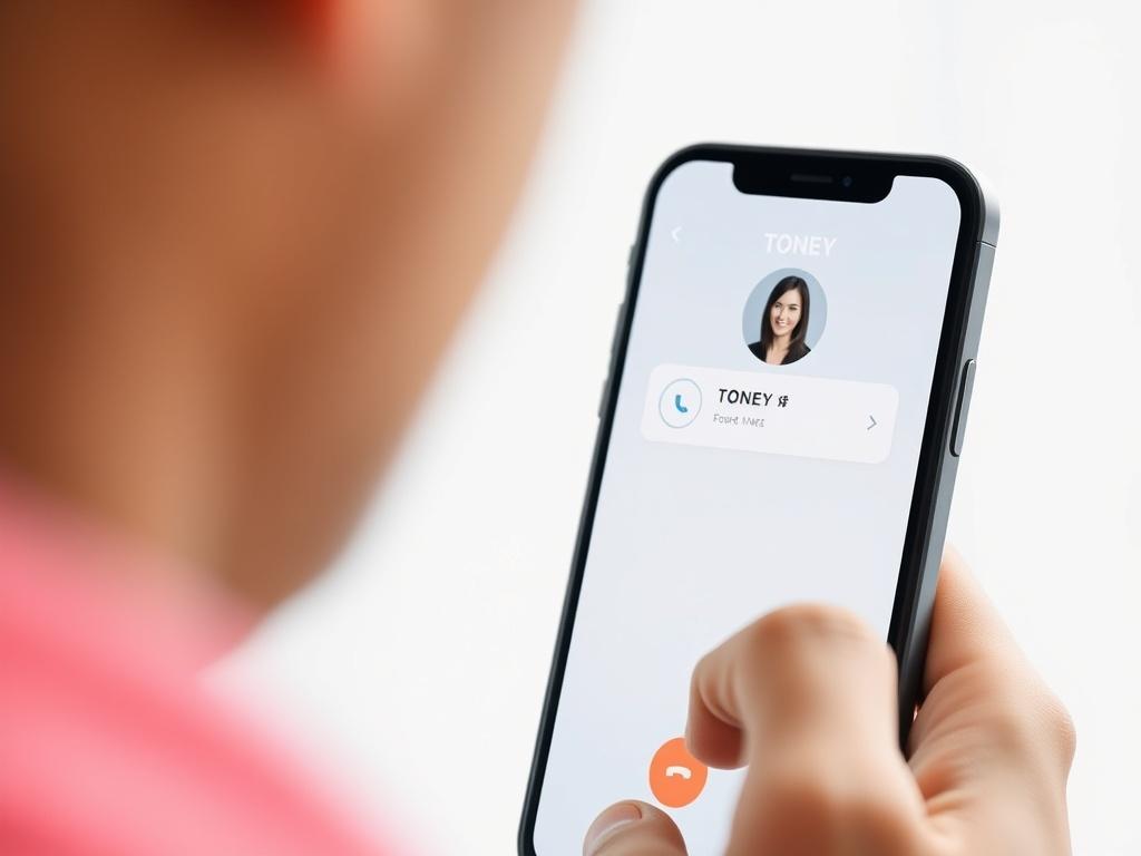 A high-resolution image of a smartphone being answered by a user, showing the TONEY app interface on the screen with a call in progress. The background should be simple and white, focusing on the smartphone and the app's features. The image should be captured with a 45mm f/1.2 lens.
