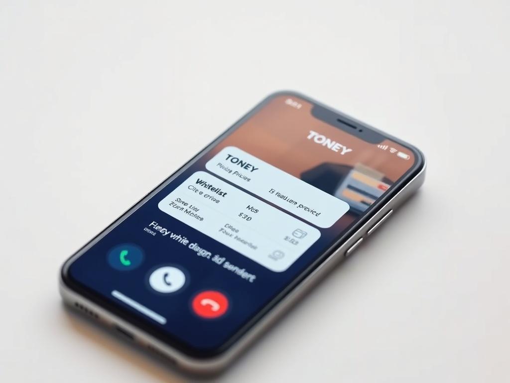 A high-resolution photo of a modern smartphone displaying the TONEY app interface on its screen. The app shows a clear pricing structure and a whitelist feature. The background should be simple and white, emphasizing the smartphone. The image should be shot with a 45mm f/1.2 lens style, focusing on the phone.