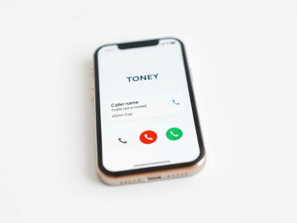 A realistic and high-resolution image showing a mockup of a smartphone screen with an incoming call notification on the TONEY app. The display shows the caller's name alongside the associated fee. The image should be clean and minimalistic, against a white background. Shot with a 45mm f/1.2 lens.
