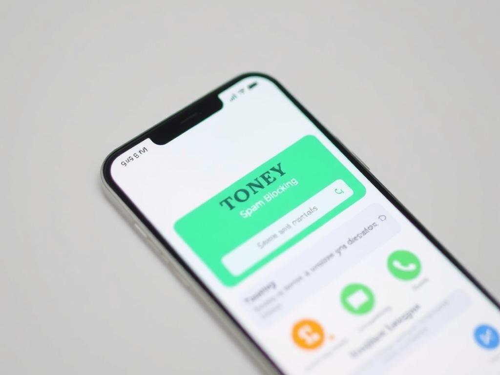 A hyper-realistic close-up shot of a smartphone displaying the TONEY app interface with a clear focus on the spam blocking feature. The background is a simple white to enhance the app's colorful interface, emphasizing the green and blue colors of the app's design.