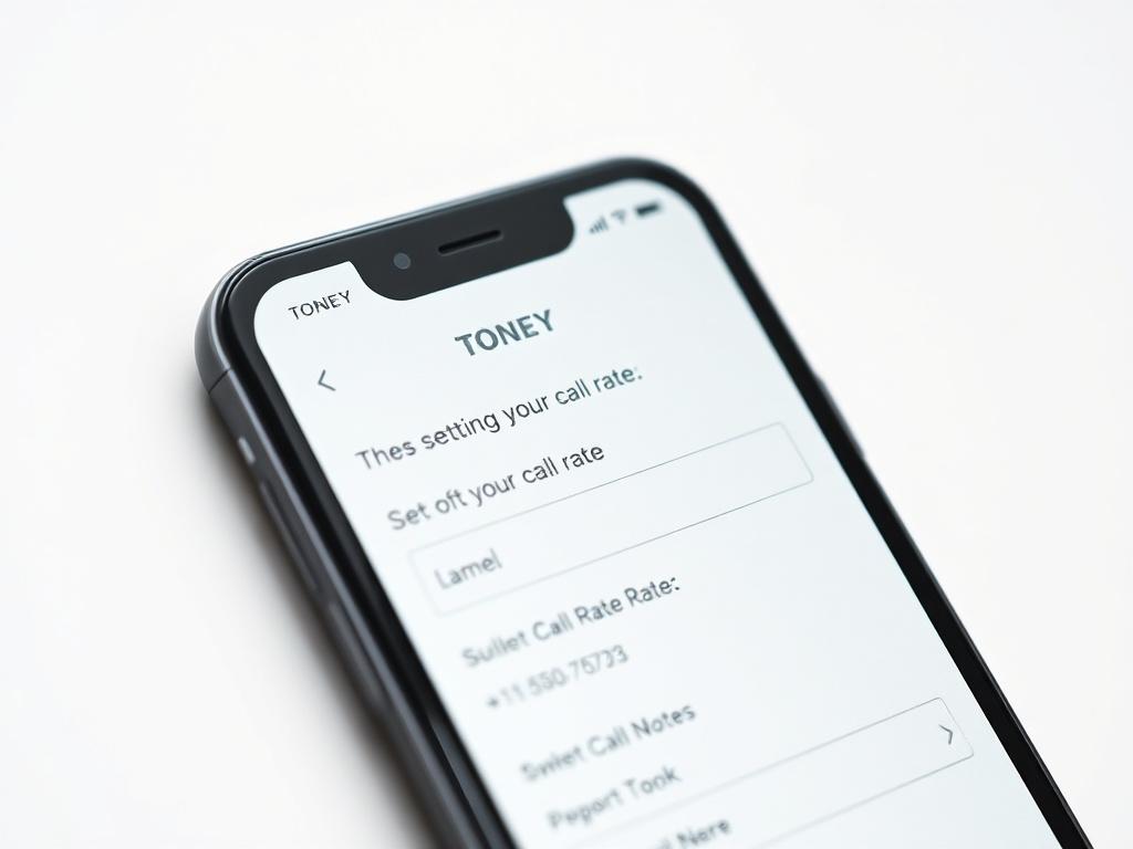 A close-up, high-resolution image of a smartphone displaying the TONEY app where users are setting their call rate. The interface should be user-friendly and visually appealing, with a clean design. The background should be white to highlight the app features. The image should be shot with a 45mm f/1.2 lens style.