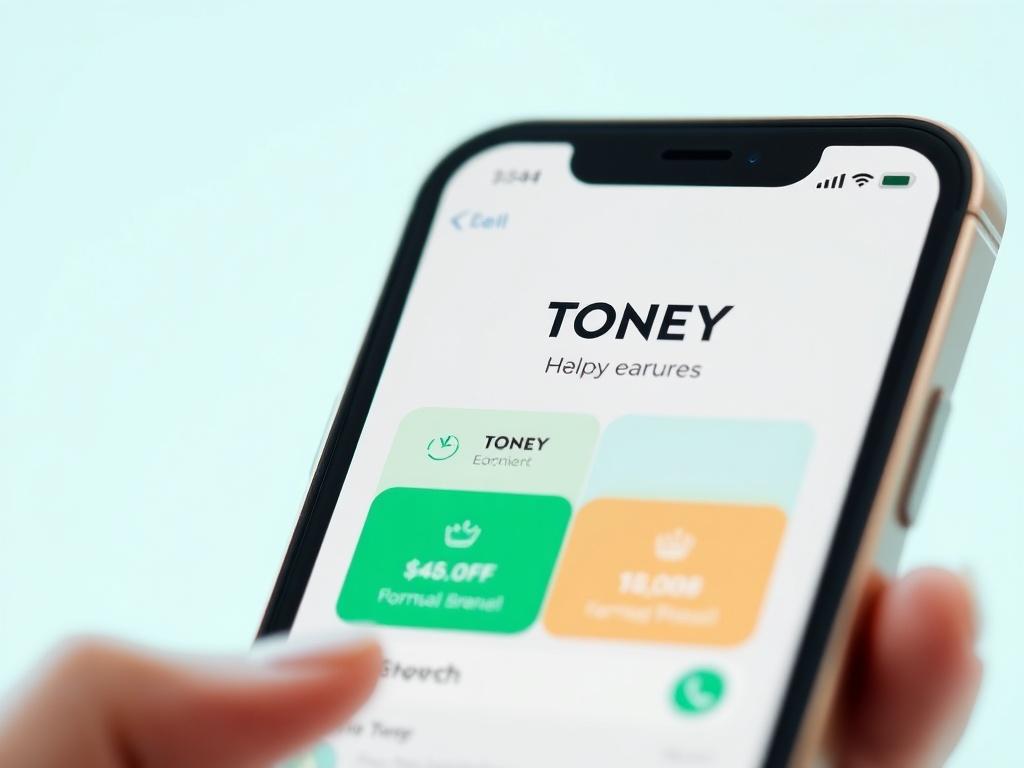 A close-up shot of a smartphone displaying the TONEY app with a clear focus on the earnings feature. The background should be bright and minimalistic to highlight the app's interface and its functionalities.