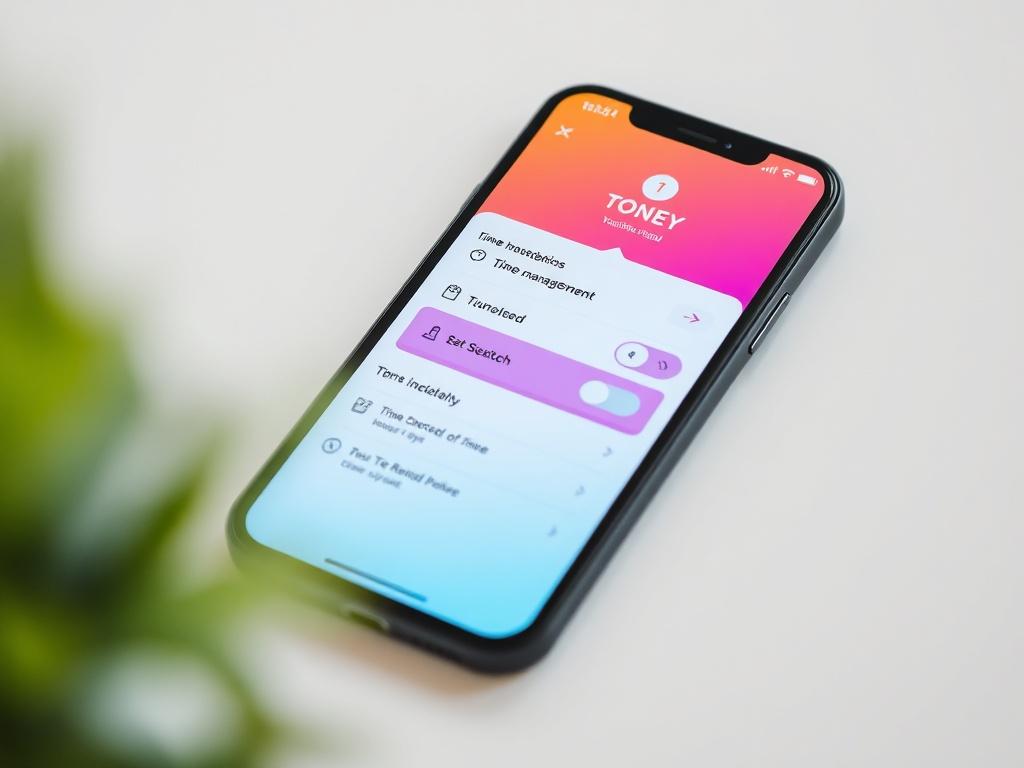 A realistic high-resolution image of a smartphone featuring the TONEY app, highlighting the time management settings. The overall composition should be minimalistic with a white background to enhance the app's vibrant colors.